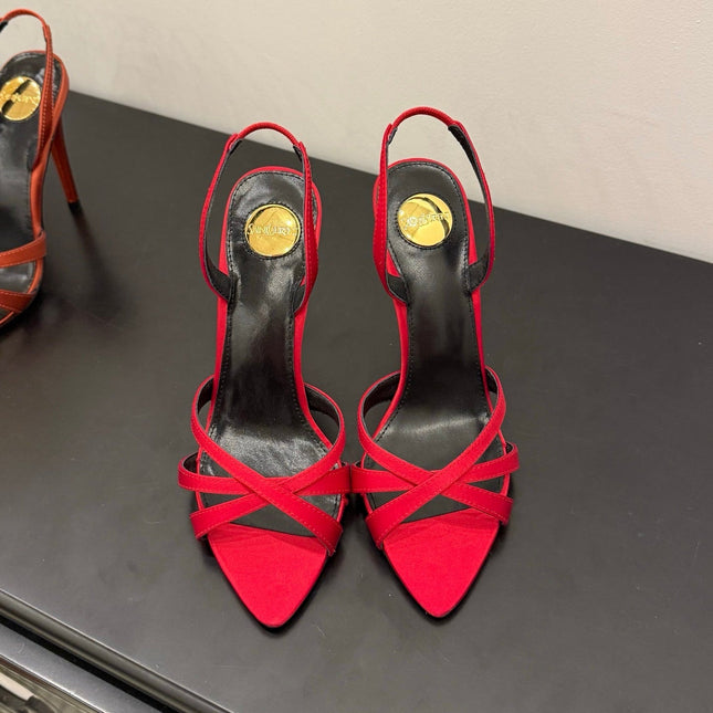 YSL 26S HIGH-HEELED SANDALS 105 MM IN RED SATIN