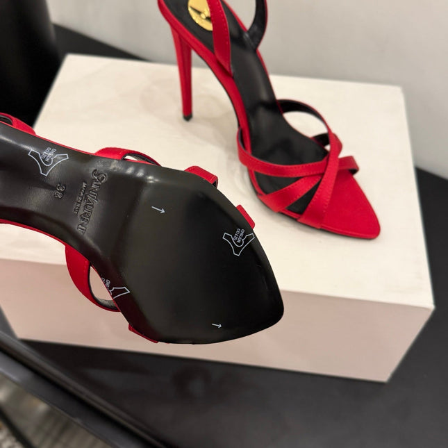 YSL 26S HIGH-HEELED SANDALS 105 MM IN RED SATIN