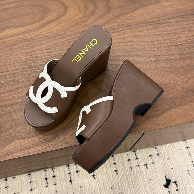 CHANEL 26S WEDGE SANDALS 95 MM IN DARK BROWN CALFSKIN