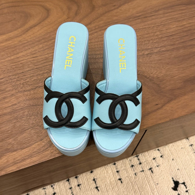 CHANEL 26S WEDGE SANDALS 95 MM IN PASTEL BLUE CALFSKIN