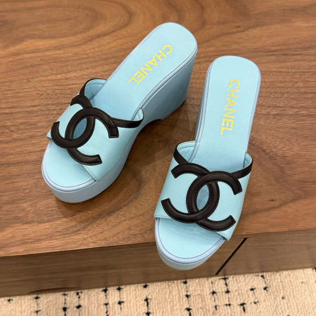 CHANEL 26S WEDGE SANDALS 95 MM IN PASTEL BLUE CALFSKIN