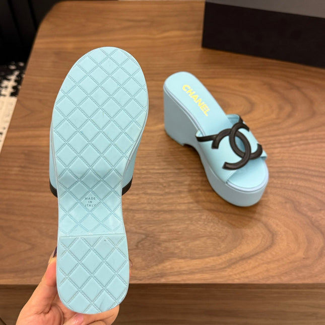 CHANEL 26S WEDGE SANDALS 95 MM IN PASTEL BLUE CALFSKIN