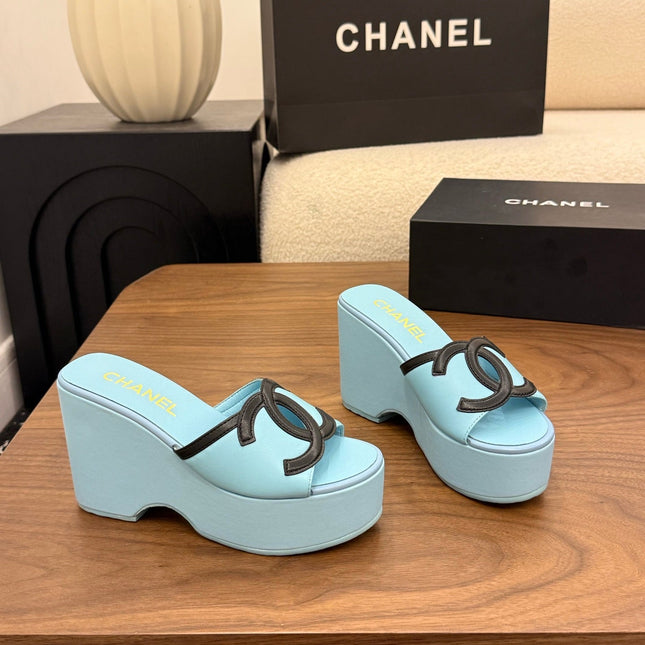 CHANEL 26S WEDGE SANDALS 95 MM IN PASTEL BLUE CALFSKIN