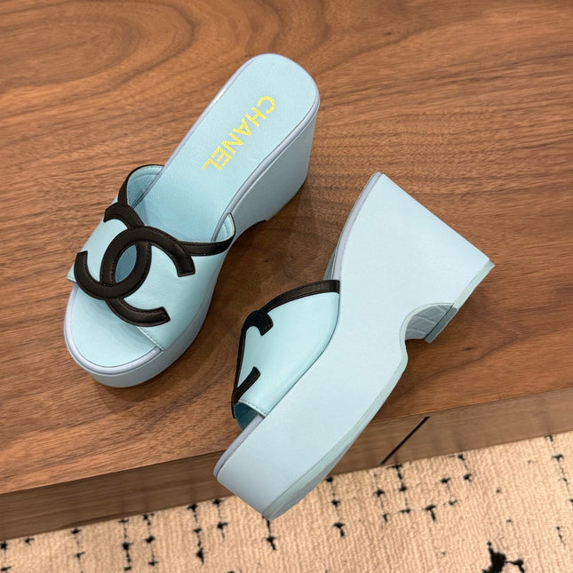 CHANEL 26S WEDGE SANDALS 95 MM IN PASTEL BLUE CALFSKIN