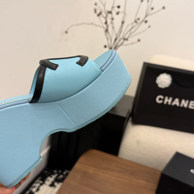 CHANEL 26S WEDGE SANDALS 95 MM IN PASTEL BLUE CALFSKIN