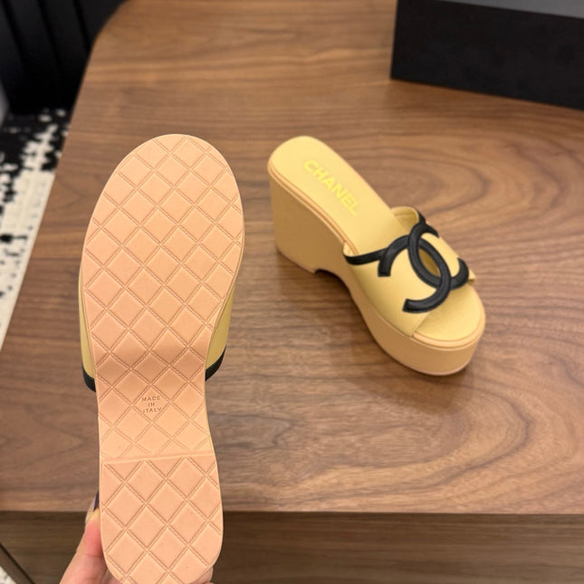 CHANEL 26S WEDGE SANDALS 95 MM IN PASTEL YELLOW CALFSKIN