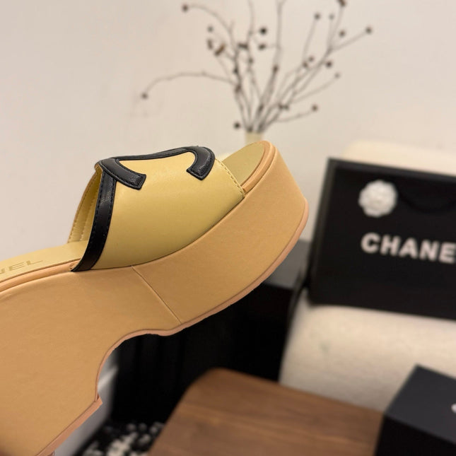 CHANEL 26S WEDGE SANDALS 95 MM IN PASTEL YELLOW CALFSKIN