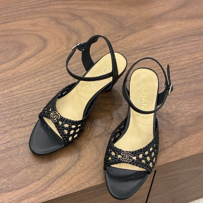 CHANEL 26S HIGH-HEELED BACK-STRAP SANDALS 60 MM IN BLACK WOVEN LAMBSKIN