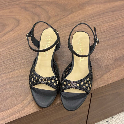 CHANEL 26S HIGH-HEELED BACK-STRAP SANDALS 60 MM IN BLACK WOVEN LAMBSKIN