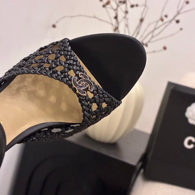 CHANEL 26S HIGH-HEELED BACK-STRAP SANDALS 60 MM IN BLACK WOVEN LAMBSKIN