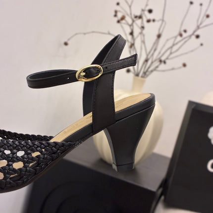 CHANEL 26S HIGH-HEELED BACK-STRAP SANDALS 60 MM IN BLACK WOVEN LAMBSKIN