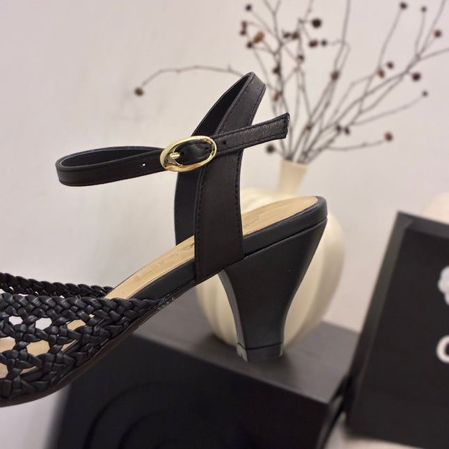 CHANEL 26S HIGH-HEELED BACK-STRAP SANDALS 60 MM IN BLACK WOVEN LAMBSKIN