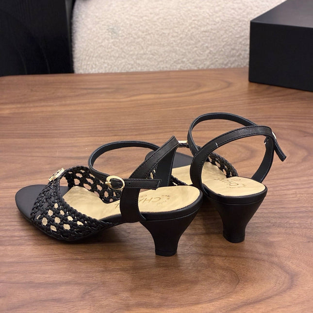 CHANEL 26S HIGH-HEELED BACK-STRAP SANDALS 60 MM IN BLACK WOVEN LAMBSKIN