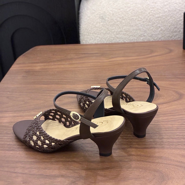 CHANEL 26S HIGH-HEELED BACK-STRAP SANDALS 60 MM IN DARK BROWN WOVEN LAMBSKIN