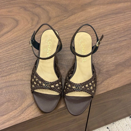 CHANEL 26S HIGH-HEELED BACK-STRAP SANDALS 60 MM IN DARK BROWN WOVEN LAMBSKIN