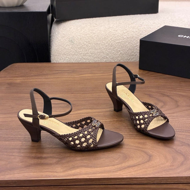 CHANEL 26S HIGH-HEELED BACK-STRAP SANDALS 60 MM IN DARK BROWN WOVEN LAMBSKIN