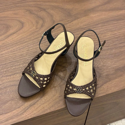 CHANEL 26S HIGH-HEELED BACK-STRAP SANDALS 60 MM IN DARK BROWN WOVEN LAMBSKIN