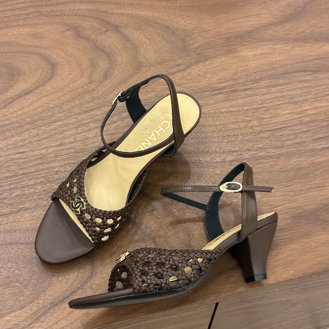 CHANEL 26S HIGH-HEELED BACK-STRAP SANDALS 60 MM IN DARK BROWN WOVEN LAMBSKIN