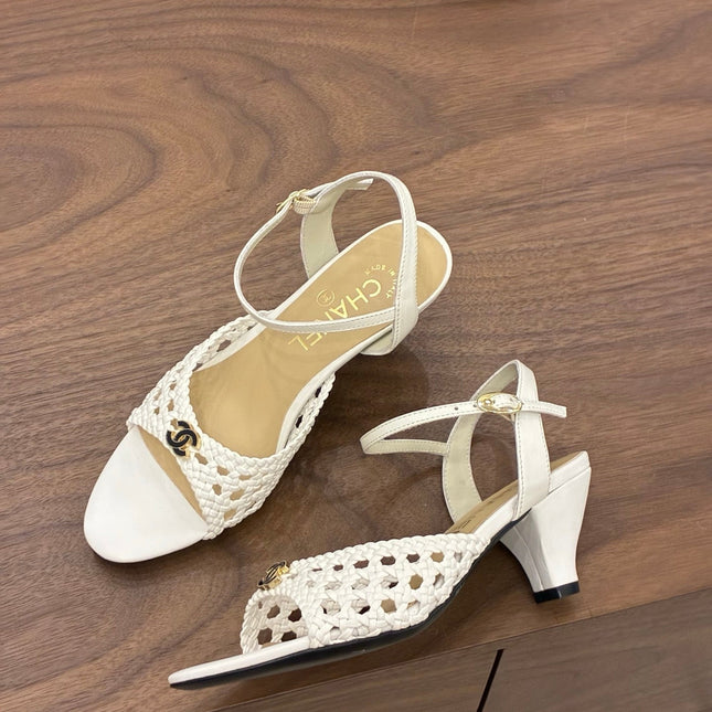 CHANEL 26S HIGH-HEELED BACK-STRAP SANDALS 60 MM IN WHITE WOVEN LAMBSKIN