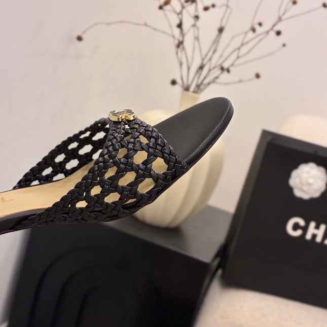 CHANEL 26S HIGH HEELS SANDALS 60 MM IN BLACK WOVEN LAMBSKIN