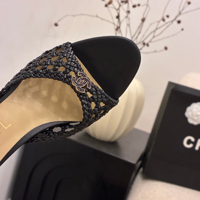 CHANEL 26S HIGH HEELS SANDALS 60 MM IN BLACK WOVEN LAMBSKIN