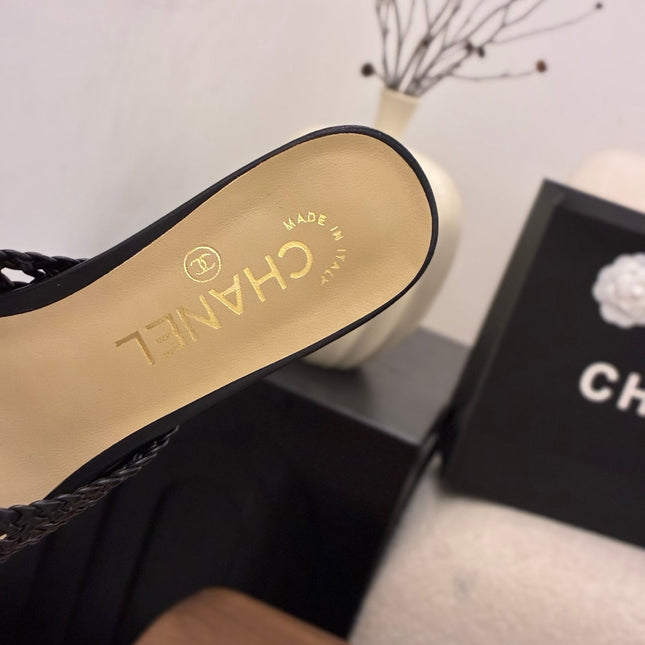 CHANEL 26S HIGH HEELS SANDALS 60 MM IN BLACK WOVEN LAMBSKIN
