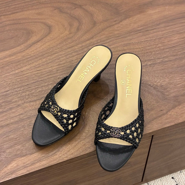 CHANEL 26S HIGH HEELS SANDALS 60 MM IN BLACK WOVEN LAMBSKIN