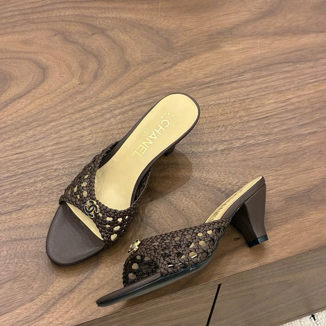 CHANEL 26S HIGH HEELS SANDALS 60 MM IN DARK BROWN WOVEN LAMBSKIN