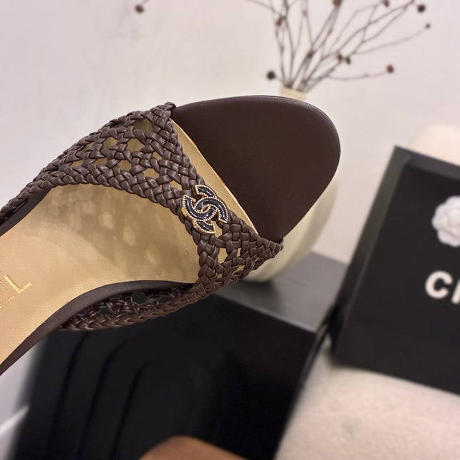 CHANEL 26S HIGH HEELS SANDALS 60 MM IN DARK BROWN WOVEN LAMBSKIN
