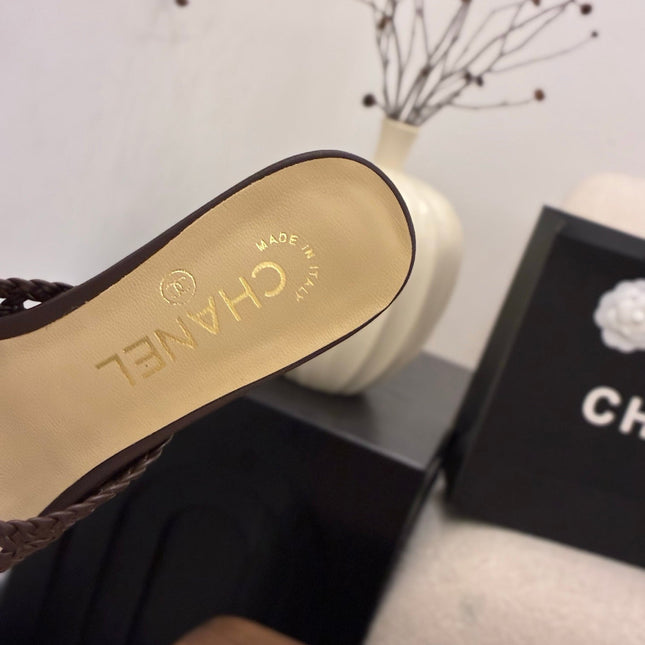 CHANEL 26S HIGH HEELS SANDALS 60 MM IN DARK BROWN WOVEN LAMBSKIN