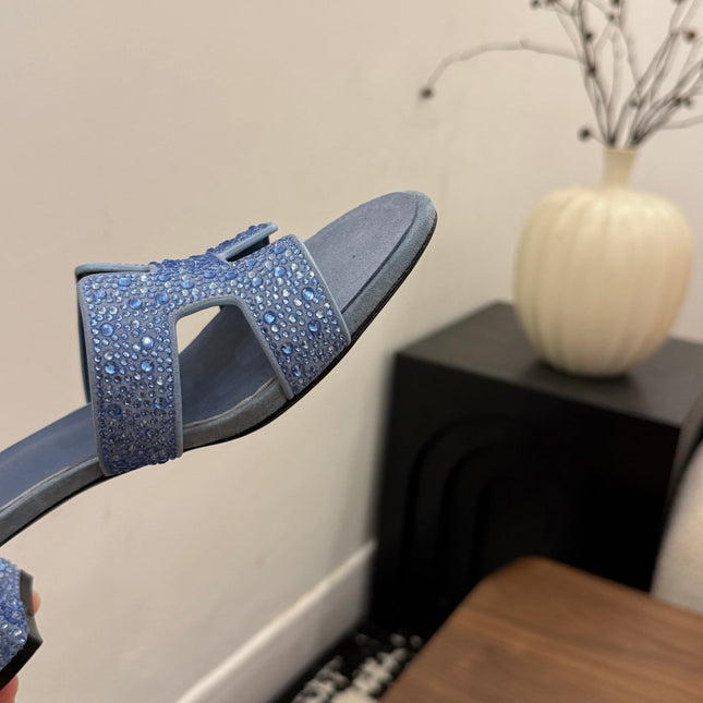 HM 26S OASIS SANDAL IN DUSTY BLUE SUEDE WITH CRYSTALS