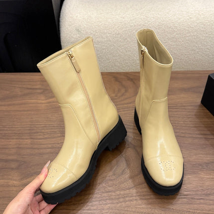 CHANEL 26S ANKLE BOOTS 45 MM IN BEIGE PATENT LEATHER ROUNDED TOE
