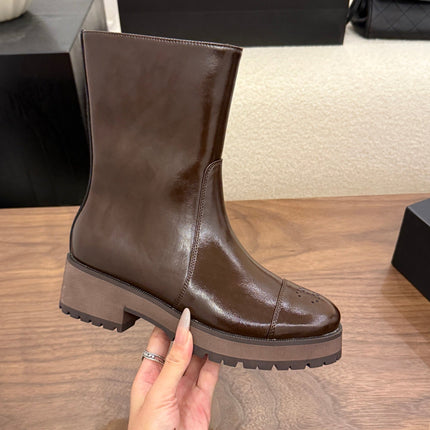 CHANEL 26S ANKLE BOOTS 45 MM IN BROWN PATENT LEATHER ROUNDED TOE