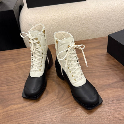 CHANEL 26S LACE UP HIGH TOP BOOTS 45 MM IN BLACK AND WHITE CALFSKIN