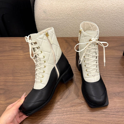 CHANEL 26S LACE UP HIGH TOP BOOTS 45 MM IN BLACK AND WHITE CALFSKIN