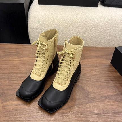 CHANEL 26S LACE UP HIGH TOP BOOTS 45 MM IN BLACK AND BEIGE CALFSKIN