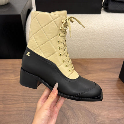 CHANEL 26S LACE UP HIGH TOP BOOTS 45 MM IN BLACK AND BEIGE CALFSKIN