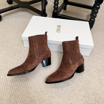 DIOR 26S BLOCK HEEL CHELSEA ANKLE BOOTS IN DARK BROWN SUEDE