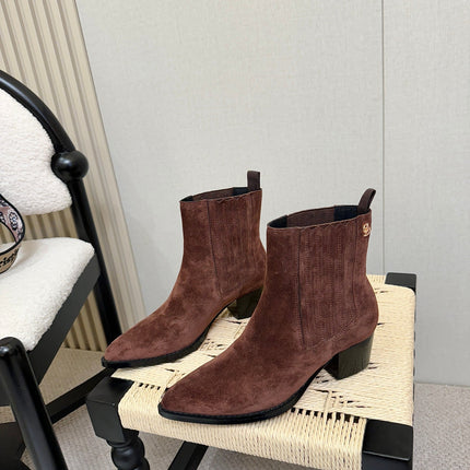DIOR 26S BLOCK HEEL CHELSEA ANKLE BOOTS IN DARK BROWN SUEDE