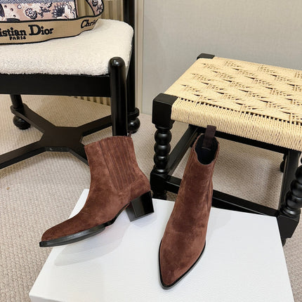 DIOR 26S BLOCK HEEL CHELSEA ANKLE BOOTS IN DARK BROWN SUEDE