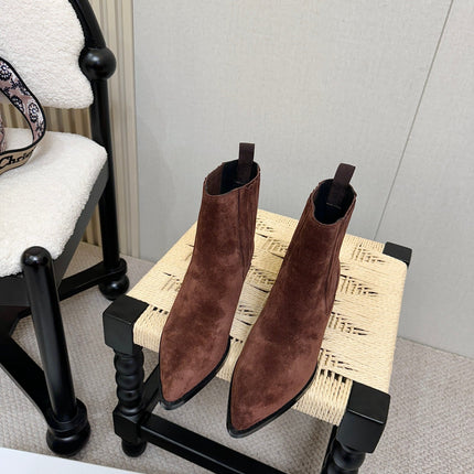 DIOR 26S BLOCK HEEL CHELSEA ANKLE BOOTS IN DARK BROWN SUEDE