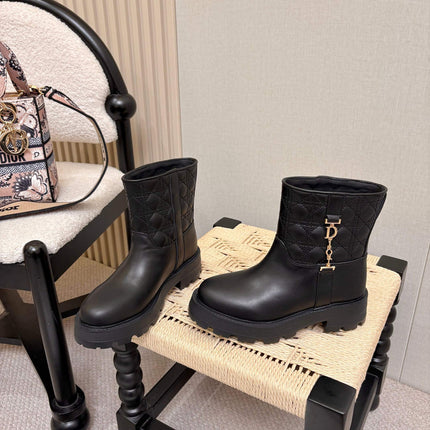 DIOR 26S QUILTED LUG SOLE SHORT MID-CALF BOOTS IN BLACK CALFSKIN GOLD HARDWARE