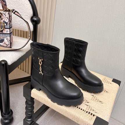DIOR 26S QUILTED LUG SOLE SHORT MID-CALF BOOTS IN BLACK CALFSKIN GOLD HARDWARE