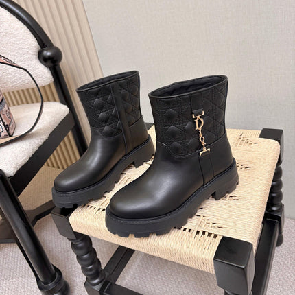 DIOR 26S QUILTED LUG SOLE SHORT MID-CALF BOOTS IN BLACK CALFSKIN GOLD HARDWARE