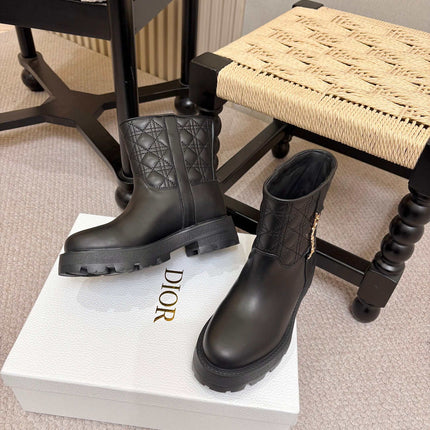 DIOR 26S QUILTED LUG SOLE SHORT MID-CALF BOOTS IN BLACK CALFSKIN GOLD HARDWARE