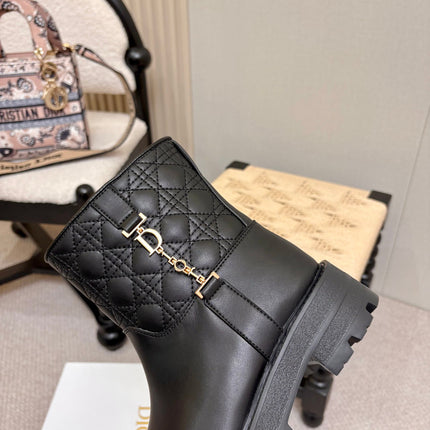 DIOR 26S QUILTED LUG SOLE SHORT MID-CALF BOOTS IN BLACK CALFSKIN GOLD HARDWARE