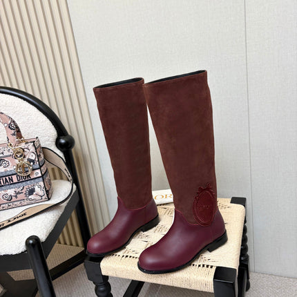 DIOR 26S FLAT OVER-THE-KNEE BOOTS IN BURGUNDY RED SUEDE AND CALFSKIN