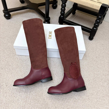 DIOR 26S FLAT OVER-THE-KNEE BOOTS IN BURGUNDY RED SUEDE AND CALFSKIN