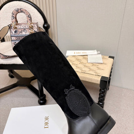 DIOR 26S FLAT OVER-THE-KNEE BOOTS IN BLACK SUEDE AND CALFSKIN