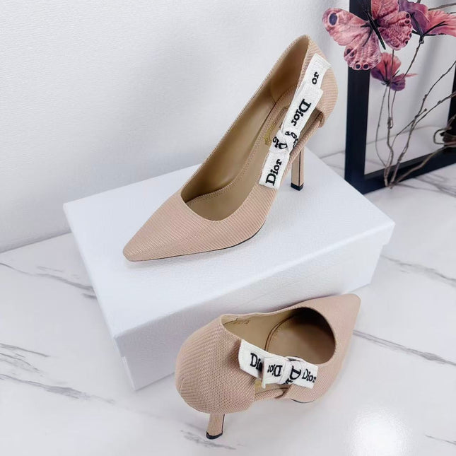 DIOR 26S KITTEN-HEEL PUMP 95MM IN NUDE PINK FABRIC WITH BOW